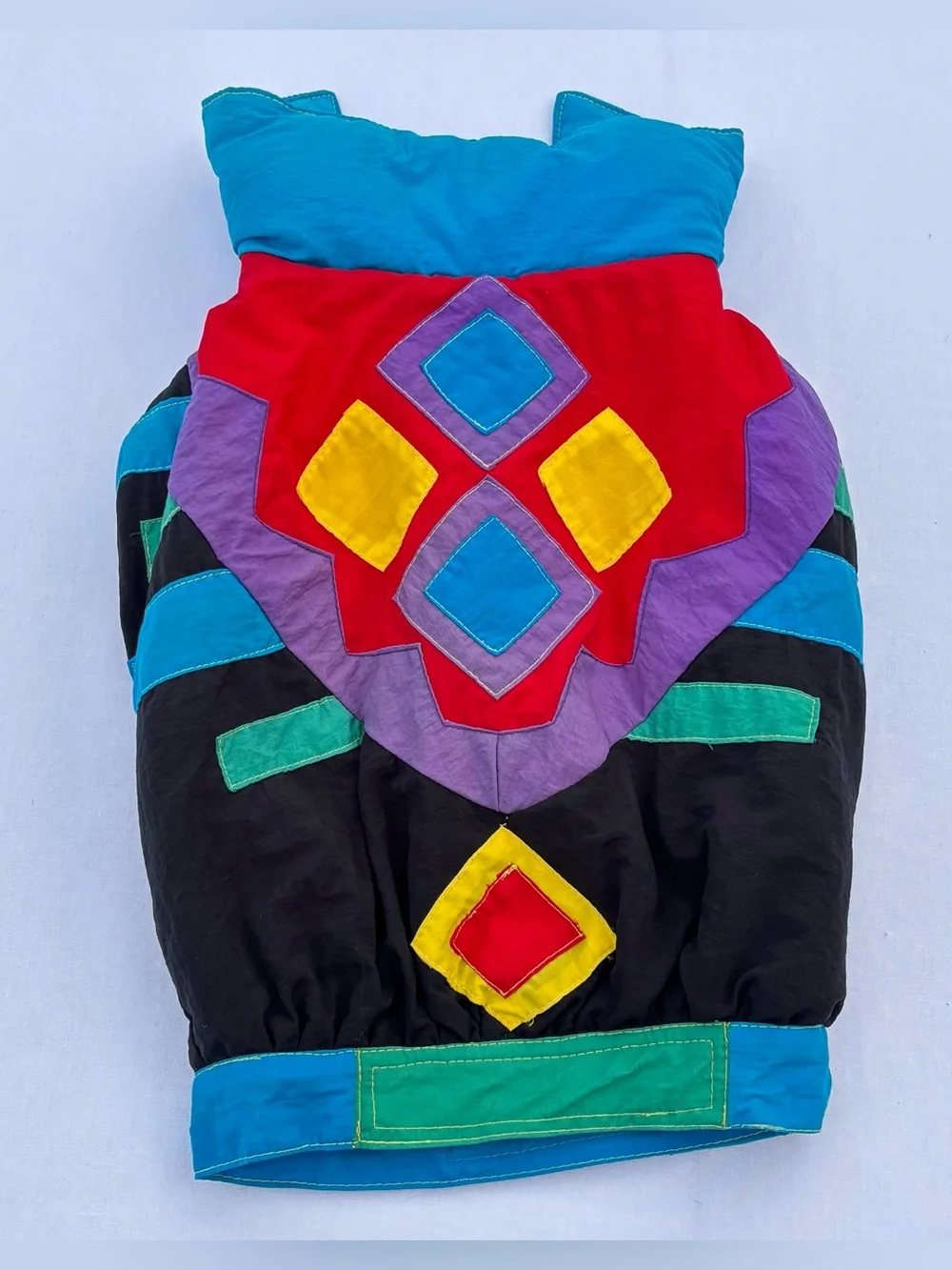 Vtg Pet Puffer Jacket L Dog Ski Coat Hooded 90s Retro Neon Geometric Colorblock